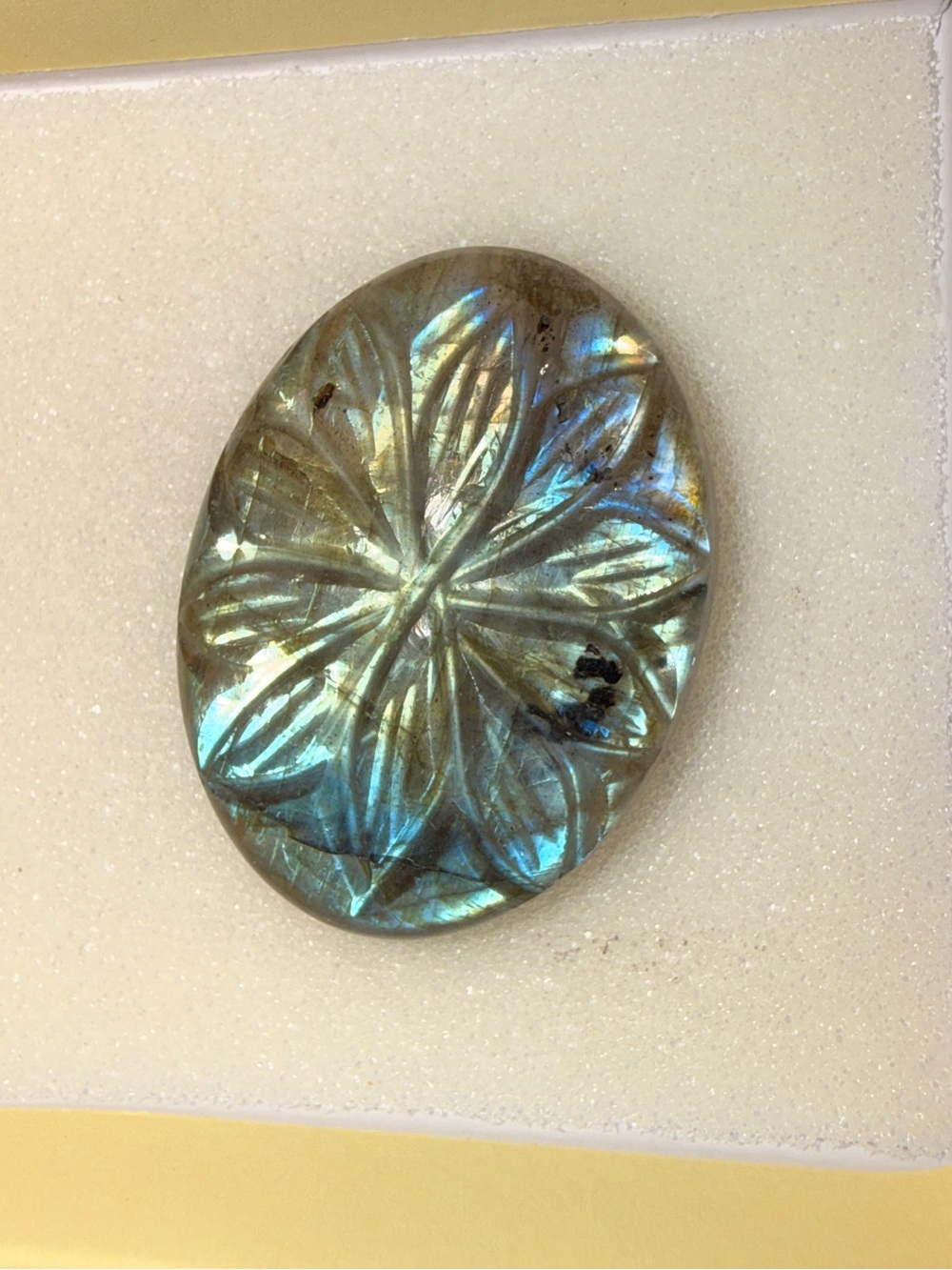 Iridescent Blue-Green Labradorite Carved Floral Loose Stone